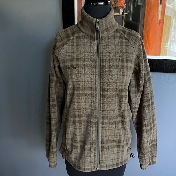 Columbia green plaid fleece zipper front unlined jacket. Small. - Picture 1 of 6